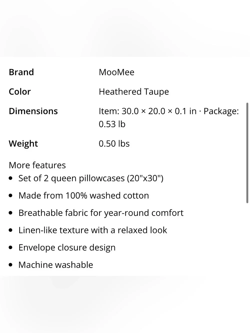 QUEEN SIZE Pillowcases 100% Washed Cotton - HEATHERED TAUPE 20x30” (2-pack)